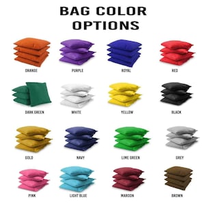 Pu&ograve; includere: Un grafico che mostra 16 diverse opzioni di colore per i sacchi di fagioli. I colori sono: arancione, viola, blu reale, rosso, verde scuro, bianco, giallo, nero, oro, blu navy, verde lime, grigio, rosa, azzurro, bordeaux e marrone.