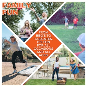 Op de afbeelding: Een collage van mensen die cornhole spelen, een populair buitenshuis spel. De afbeelding toont een verscheidenheid aan mensen van verschillende leeftijden en achtergronden, die allemaal plezier hebben samen. De tekst "FAMILY FUN" wordt in grote, vetgedrukte letters bovenaan de afbeelding weergegeven. De tekst "FROM BBQ'S TO TAILGATES, IT'S FUN FOR ALL OCCASIONS AND ALL AGES!" wordt in een ruitvorm in het midden van de afbeelding weergegeven.