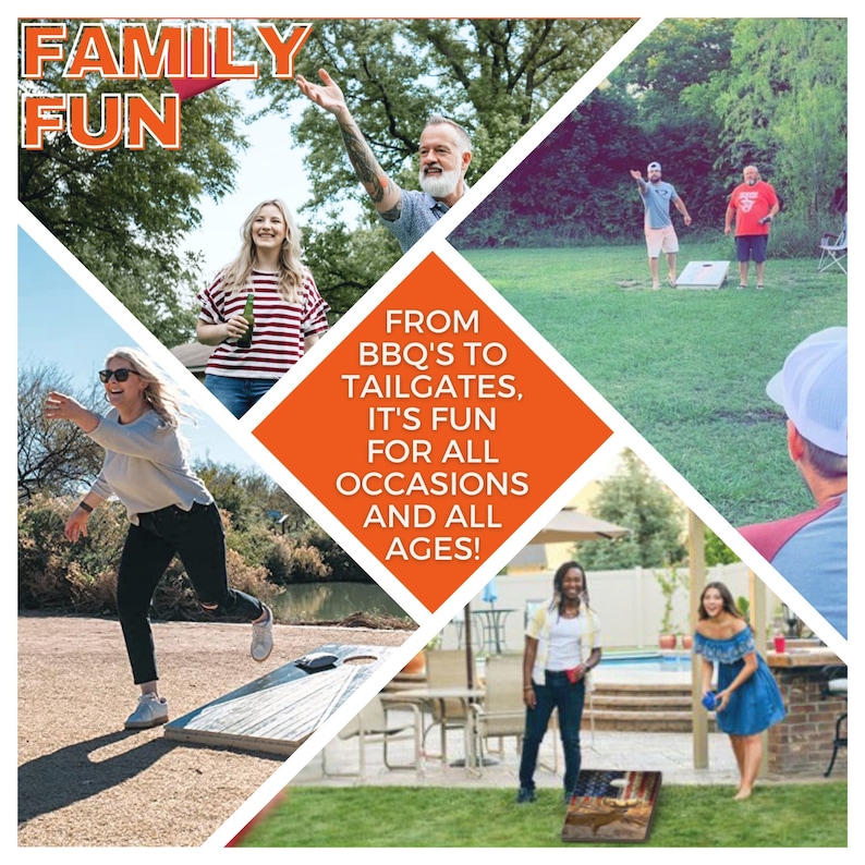 Op de afbeelding: Een collage van mensen die cornhole spelen, een populair buitenshuis spel. De afbeelding toont een verscheidenheid aan mensen van verschillende leeftijden en achtergronden, die allemaal plezier hebben samen. De tekst "FAMILY FUN" wordt in grote, vetgedrukte letters bovenaan de afbeelding weergegeven. De tekst "FROM BBQ'S TO TAILGATES, IT'S FUN FOR ALL OCCASIONS AND ALL AGES!" wordt in een ruitvorm in het midden van de afbeelding weergegeven.
