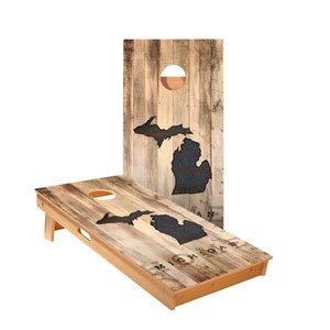 Home State Rustic Wood Michigan Cornhole Boards - ACA Star Series - Official Regulation Size Cornhole Set - Outdoor Lawn Game