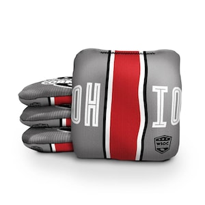 May include: A stack of four gray and red bean bags with the word "OHIO" printed in white on the front. The bean bags have a black and white stripe pattern and a small logo that says "WSOC Official".