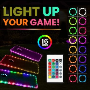 if you really want to get the party started at night, you can upgrade to our cornhole board edge lights that illuminate the edges of your custom designed corn hole set.