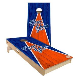 May include: A wooden cornhole set with a blue and orange design. The boards feature a white triangle with the text "New York" in blue cursive lettering.