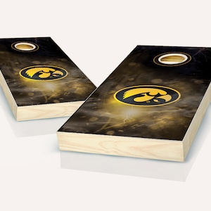 Iowa Hawkeyes Smoke Cornhole Boards - Officially Licensed NCAA Outdoor Lawn Game - Includes Custom Team Bags - On Sale!