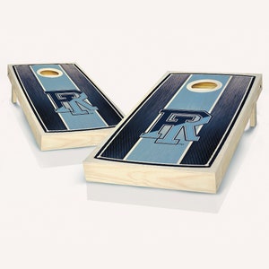 May include: Two wooden cornhole boards with a blue and black striped design. The boards feature a large blue and white "R" logo.