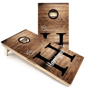 Wood Slat Name Cornhole Boards - Official Regulation Size Tournament Cornhole Set - Includes Scoreboard Leg Brace