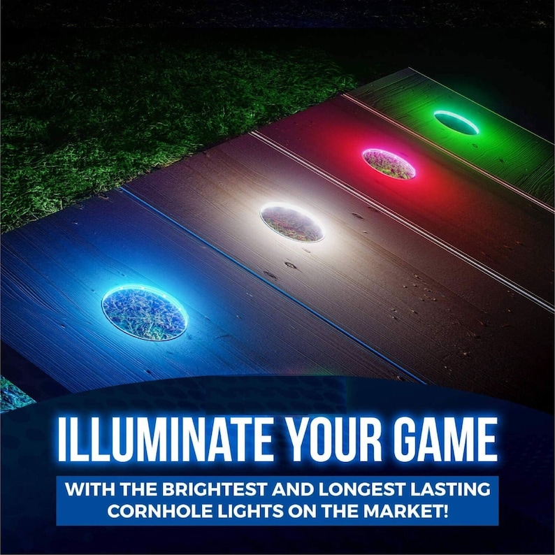 the coolest feature of our custom diy cornhole boards is by far the cornhole board hole lights. Our LED lights allow you to light up the holes and play a game of corn hole at night.