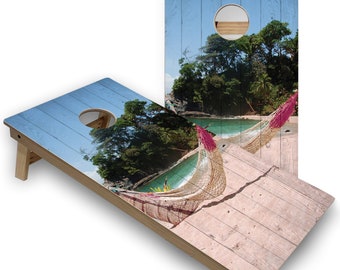 Cornhole Boards Set: Beach Hammock Design - Includes Bags and Lights