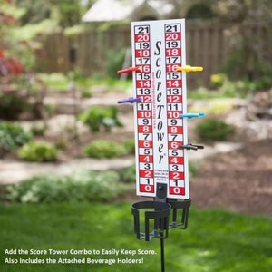 for those who take their game of corn hole seriously, you can add a cornhole score board or score keeper with drink holder. It will help you keep score on your new diy cornhole game in style.