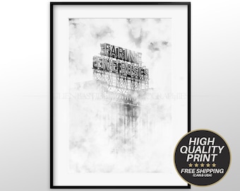 Puede incluir: Ilustración de acuarela en blanco y negro de un edificio con un letrero que dice "Fairlane Five Roses" en un cielo nublado.