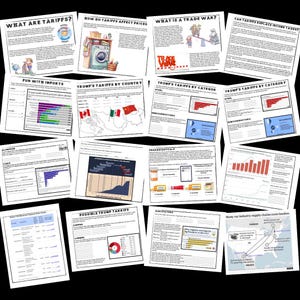 May include: A collection of colorful charts and graphs illustrating the effects of tariffs on imports and exports. The charts include information on tariffs by country, category, and product. The text "What are tariffs?" is visible at the top of the image.