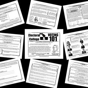 May include: Black and white printable worksheets about the Electoral College and Voting. The worksheets include text, images, and fill-in-the-blank activities. The text includes quotes from Alexander Hamilton and the phrase "The manner of it is not perfect, but it is at least excellent."