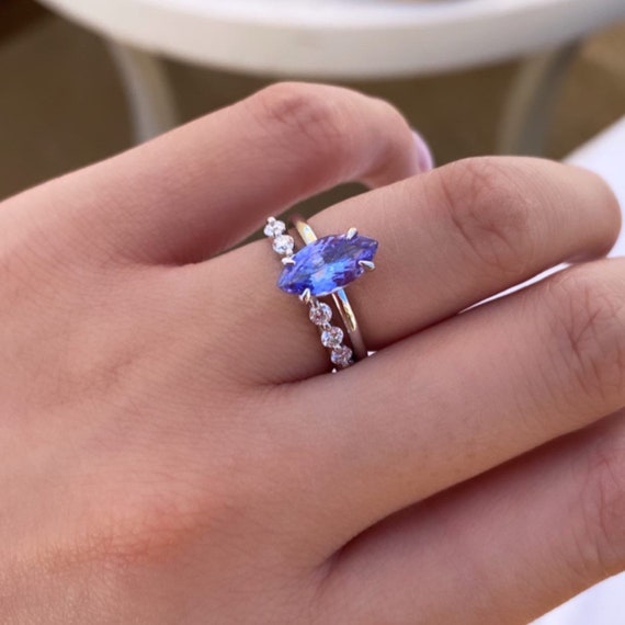 Genuine Tanzanite Teardrop Engagement Ring Set- Natural Tanzanite Pear  Promise Ring- Halo Tanzanite Bridal Ring Set-December Birthstone Ring