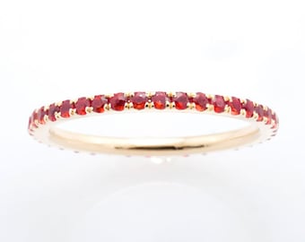 Natural Ruby Eternity Band in 14K Yellow Gold, 1.5mm Pavé Red Ruby Wedding Ring, July Birthstone Jewelry, Handmade Anniversary Gift for Her