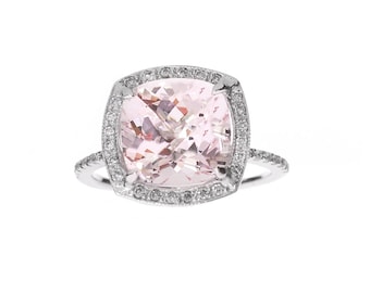 Near 3 ct. Cushion Cut Morganite Diamond Halo Ring in White Gold/Engagement Ring/ Statement Ring