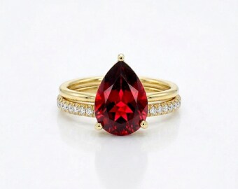 Pear Shape 2CT Garnet Ring in 14K Solid Gold - Handmade Teardrop Jewelry for Women, January Birthstone