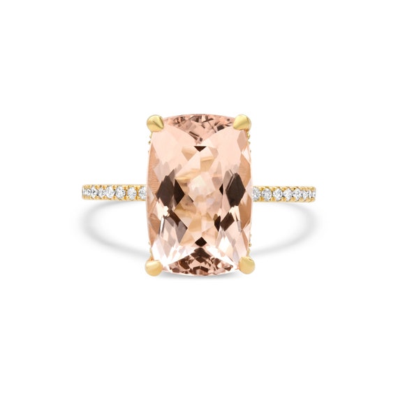 5.5 ct Elongated Cushion Morganite Ring with Diamond Under Halo