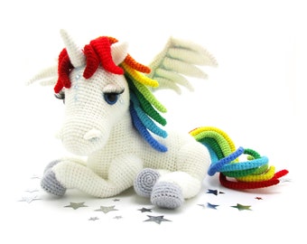 Rainbow Unicorn - amigurumi crochet pattern - fantasy - Pegasus - Alicorn - 20x35cm - german and english