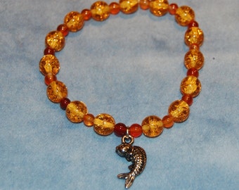 Koi Fish Charm Bracelet - carnelian and yellow crackle glass