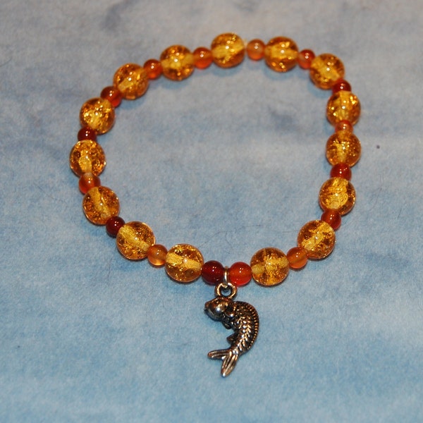 Koi Fish Charm Bracelet - carnelian and yellow crackle glass