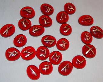 Red Transparent Handmade Glass Runes – elder futhark – engraved – hand painted – Norse – heathen