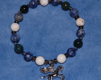 Pegasus Bracelet – hellenic pagan jewelry – sodalite, bloodstone, howlite, and smoky quartz