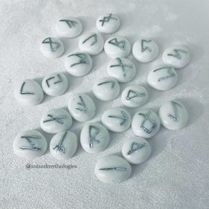 White Opaque Glass Runes, Engraved With Painted Silver – Heathen Elder Futhark