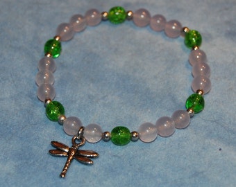 Dragonfly Charm Bracelet - lavender quartzite and green crackle glass