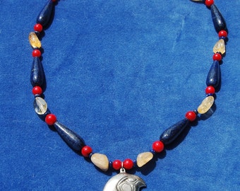 Falcon’s Head Horus Necklace – heru – sun god – ancient egypt – kemetic – lapis lazuli, red bamboo coral, and citrine