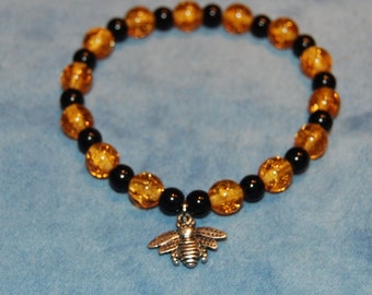 Bee Charm Bracelet - black jasper and yellow crackle glass