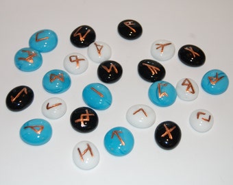 Opaque Variegated Handmade Glass Runes - black, aqua, and white