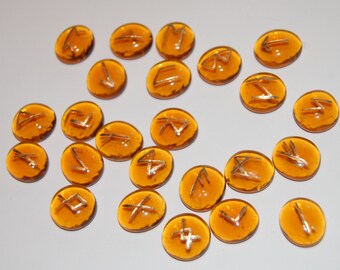 Orange Transparent Handmade Glass Runes – elder futhark – engraved – hand painted – Norse – heathen