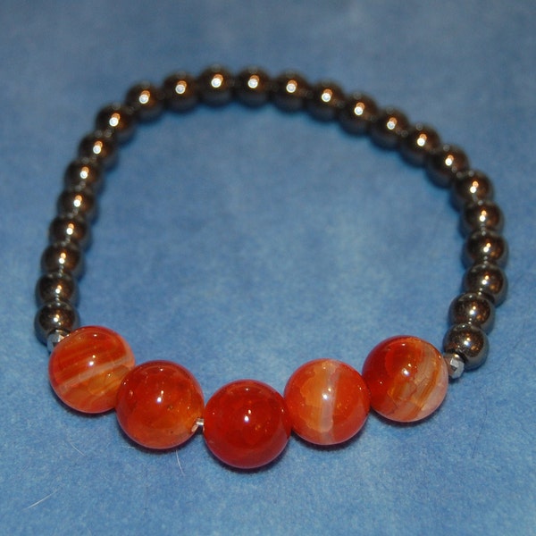 Gemstone Energy Bracelet – Orange Fire Agate with Hematite – Gemlore – Gemstone Properties – Semi-Precious – Stretch Bracelet