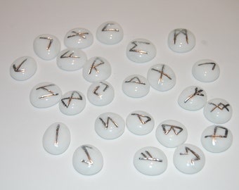 White Opaque Handmade Glass Runes – elder futhark – engraved – hand painted – Norse – heathen