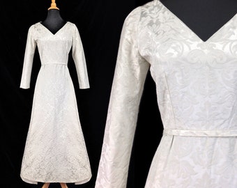 Vintage 50s Wedding Dress, Bridal Gown sleeves, 60s Wedding Gown, Jackie O Dress, Ivory Jacquard Wedding Dress, Small 4 6 US, 8 10 UK, P489