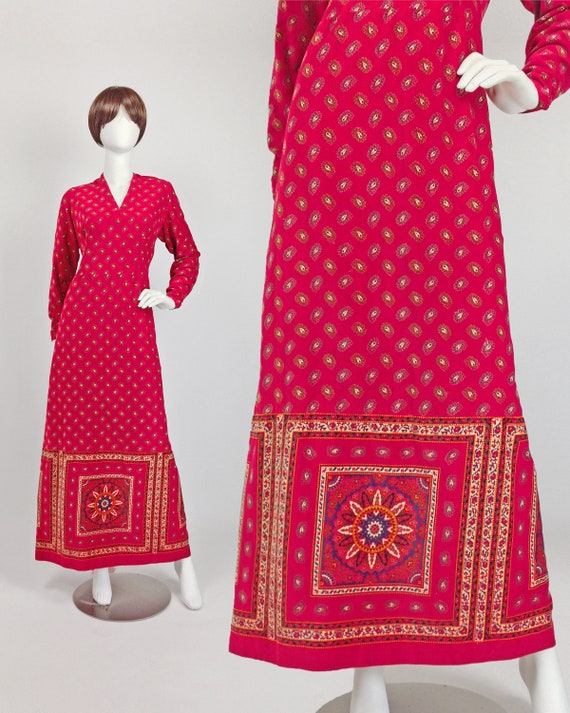 70s Maxi Dress, Boho Maxi Dress Long Sleeve, Paisl