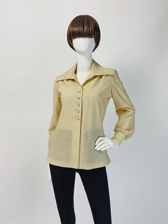 Vintage 60s Mod Top, Puffed Sleeve Blouse, Metalli