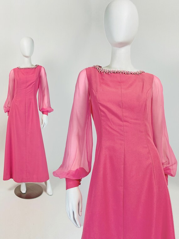 Vintage 60s Mod Maxi Dress, Sheer Sleeve Dress, 70