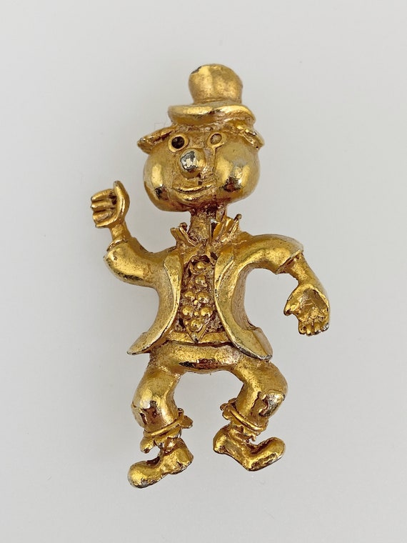 Vintage 60s Clown Brooch, Gold Tone Hobo Brooch, … - image 2