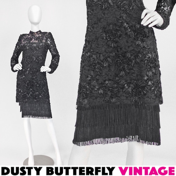 Vintage 20s 30s Style LUXE Black Lace Fringe Evening Dress