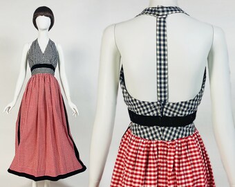 Vintage 60s 70s Maxi Dress, Backless Halter Dress, Cotton Gingham Maxi w Rhinestones, 1960s 1970s Dresses, Small Size 4 6 US, 8 10 UK, G476