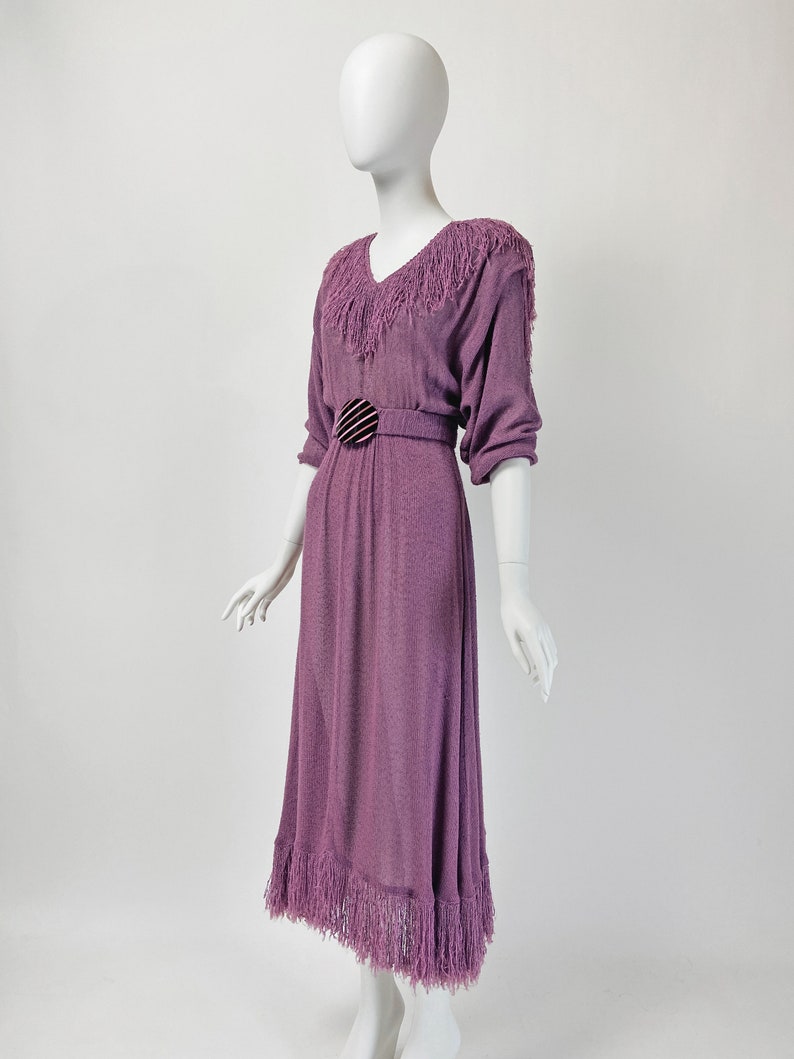 Vintage 70s Boho Maxi Dress with Fringe, Long Belted Dress, Hippie Dress, Lilac Dress, Festival Dress, Small Size 4 6 US, 8 10 UK, O88 image 6