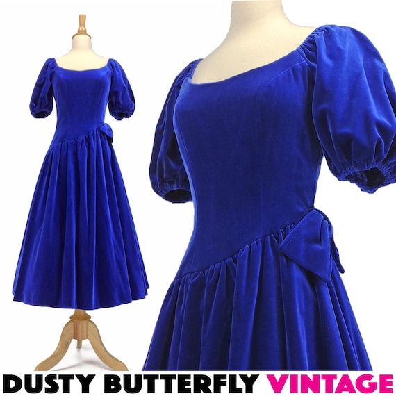 Vintage 50s Blue Velvet Dress, Full Skirt, Rockab… - image 1