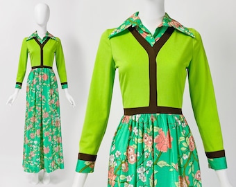 Vintage 70s Mod Maxi Dress, Layered Dress, Lime Green Dress, Long Sleeve Maxi Dress, 60s Floral Maxi Dress, Small Size 4 US, 8 UK, O133
