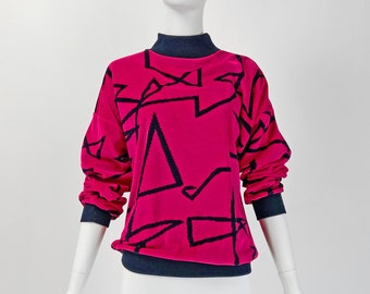 Vintage 80s Velour Top, Pullover Sweater, Oversize Sweater, Drop Shoulder Sweatshirt, Hot Pink Sweater, Long Sleeve Top, Medium, G110