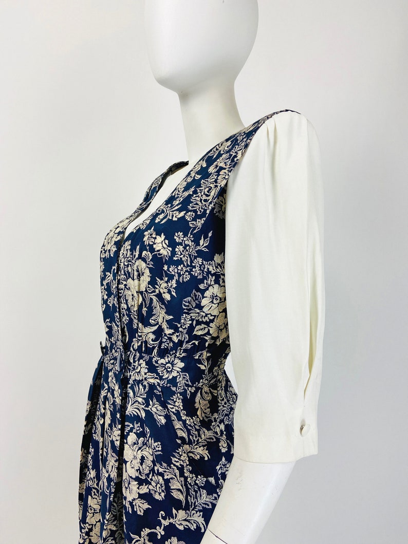 Floral Dress Career Dress Size 6 8 US 10 12 UK B282 Navy Blue Dress Shoulder Pad Dress Small Medium Vintage 80s Secretary Dress