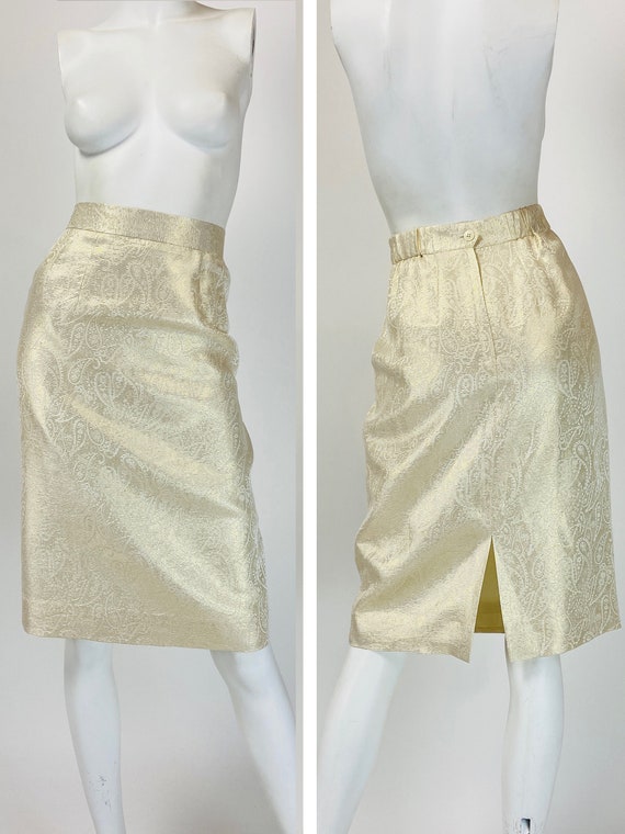 Vintage 90s Silk Skirt Suit, Metallic Gold Suit, … - image 9