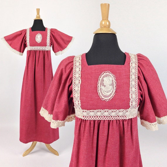 Vintage 70s Cameo Maxi Dress, Boho Victorian Dress