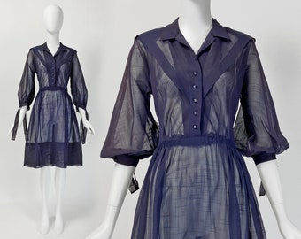 Vintage 40s Sheer Dress, Organdy Dress, Navy Blue 40s Dress, Puffed Sleeve Dress, 1940s Clothing women, Small Size 4 6 US, 8 10 UK, Y391