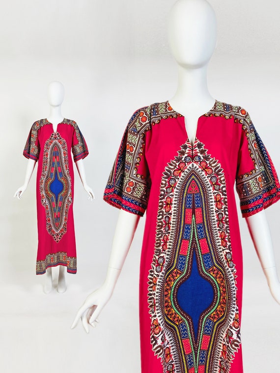 Vintage 60s 70s Cotton Dashiki Dress, Boho Mumu, F